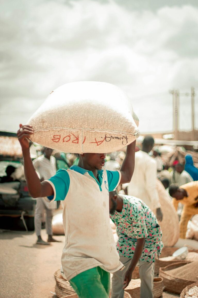 A bustling market scene with a worker carrying a large sack of grains on a sunny day.